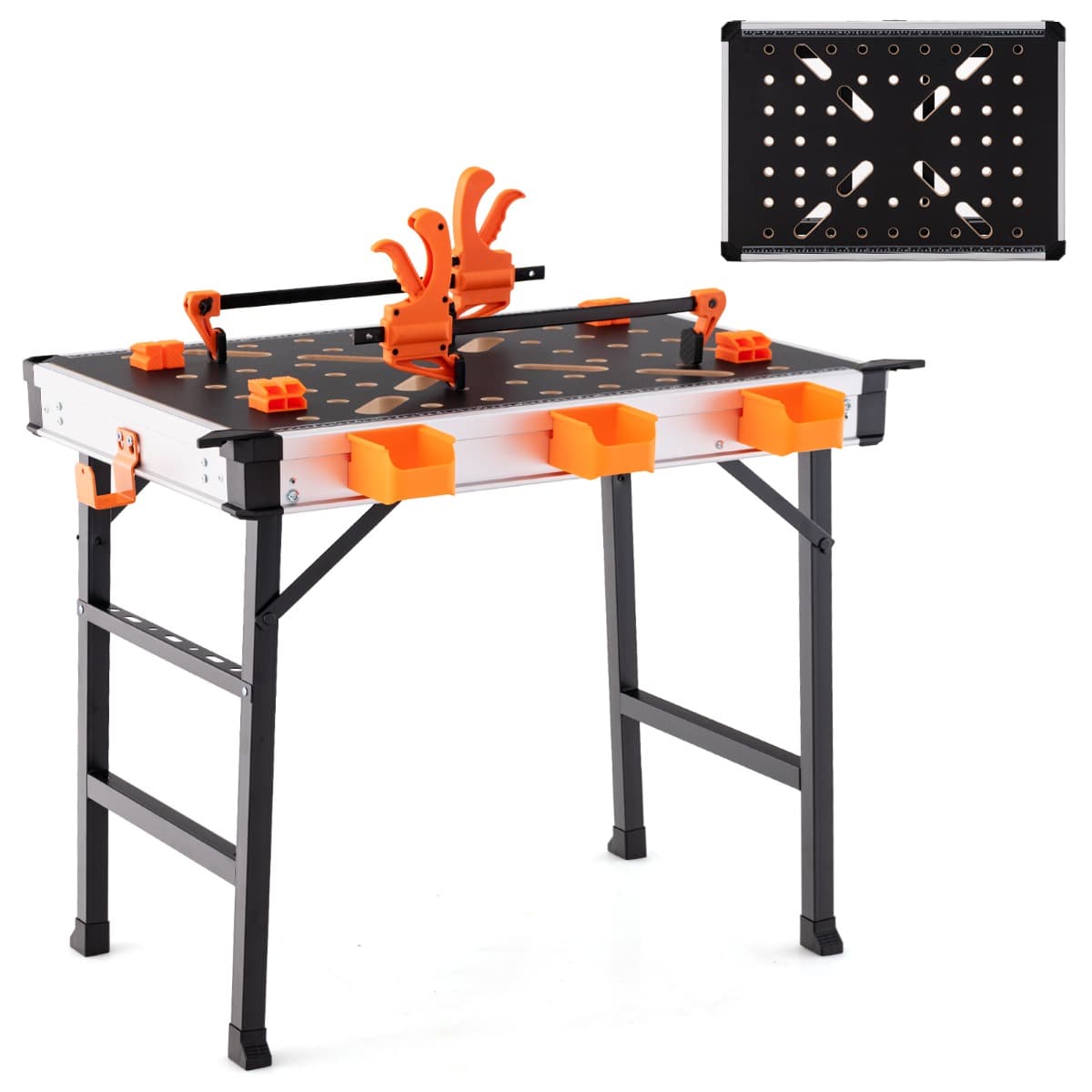CostwayÉtabli Pliable avec 2 Pinces et 4 Serrages Table de Travail Portable avec 3 Boîtes à Outils Banc de Menuiserie Charge 454KG pour Garage Orange