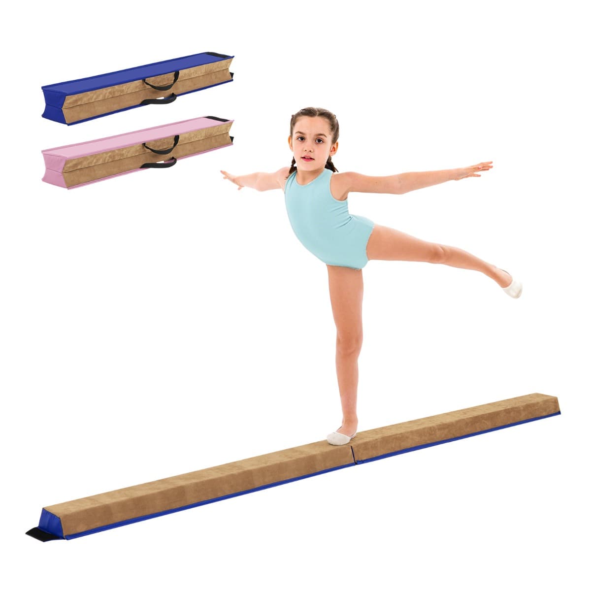 CostwayPoutre de Gymnastique Pliable de 240 cm Barre de Gymnastique Au Sol Portable avec Couverture en Suède et Mousse Douce Bleu