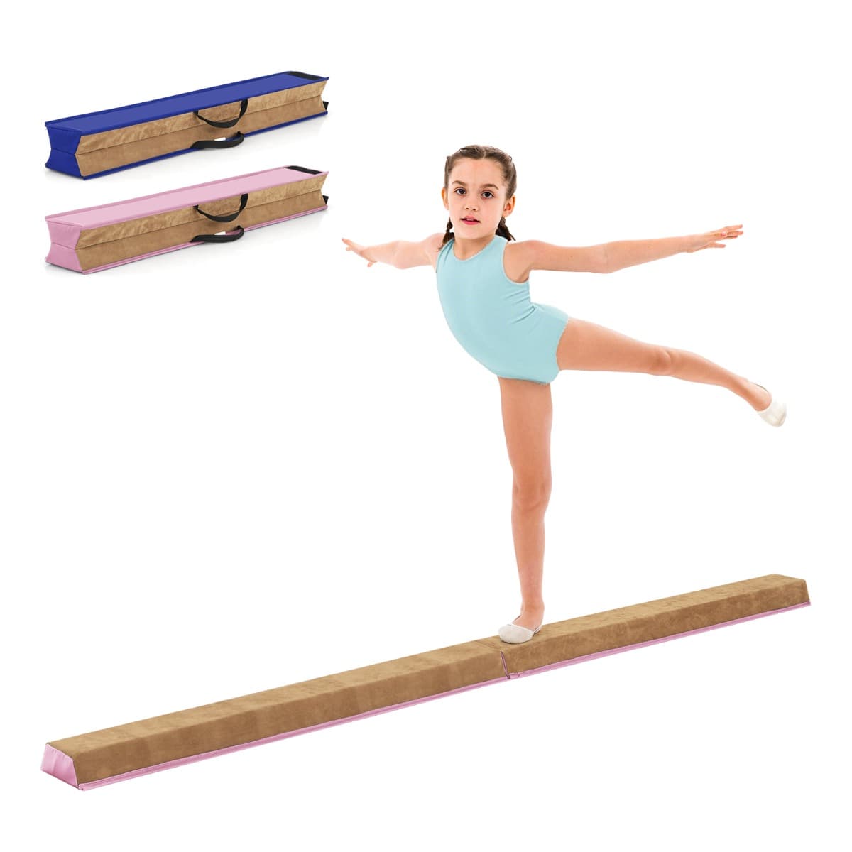 CostwayPoutre de Gymnastique Pliable de 240 cm Barre de Gymnastique Au Sol Portable avec Couverture en Suède et Mousse Douce Rose