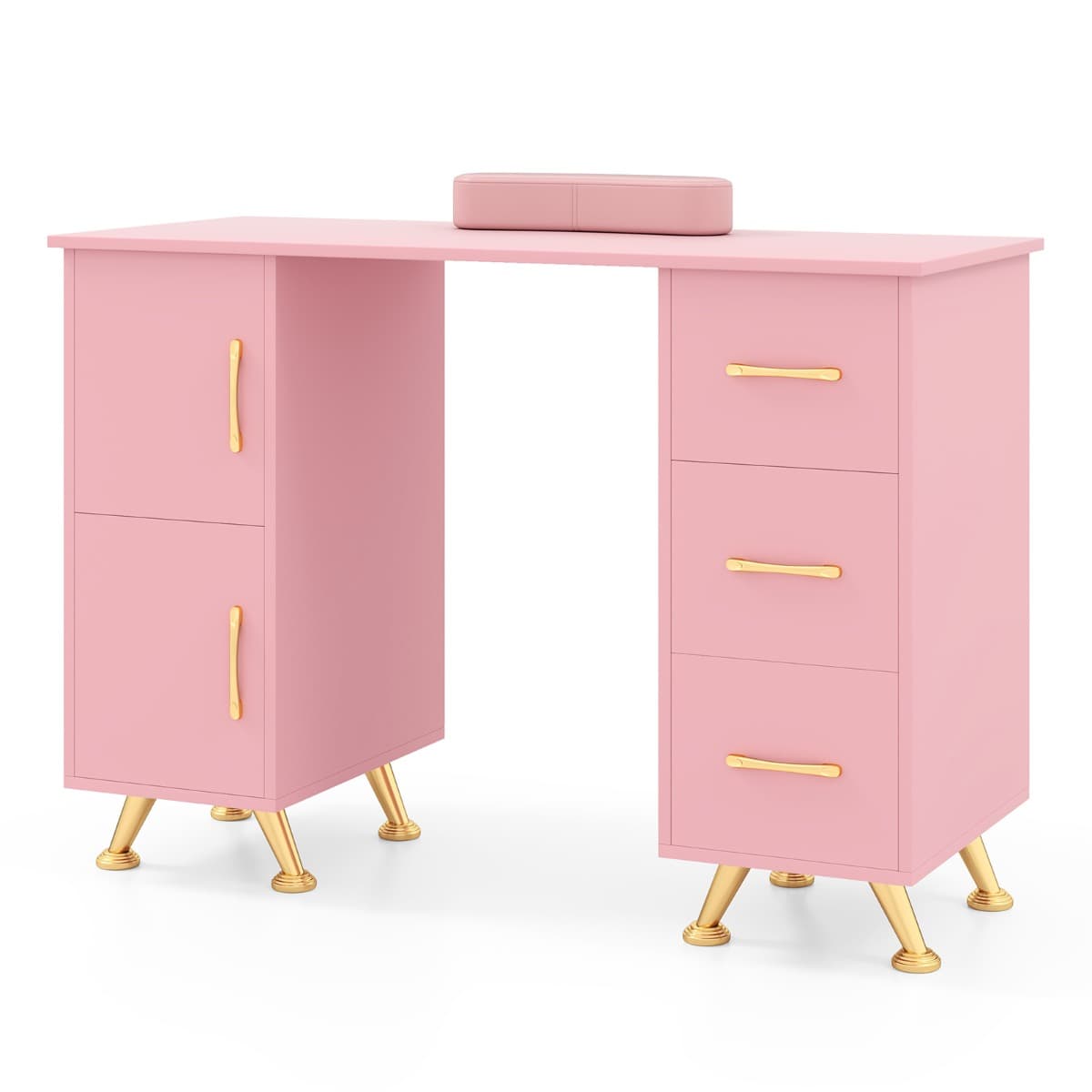 CostwayTable de Manucure Professionnelle avec 2 Armoires 3 Tiroirs Station de Technicienne en Ongles avec Repose-poignet 90x43x74cm Rose